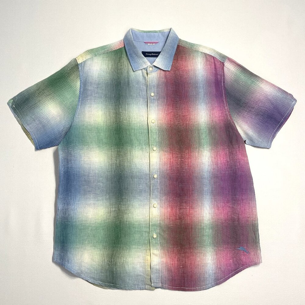 Tommy Bahama 100% Linen Shirt Men's XL Blue Pink Green Colorful Beach Preppy
